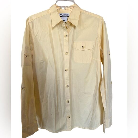 Columbia Yellow Button Fishing Shirt Roll up Long Sleeves Button Pockets L - Picture 1 of 13